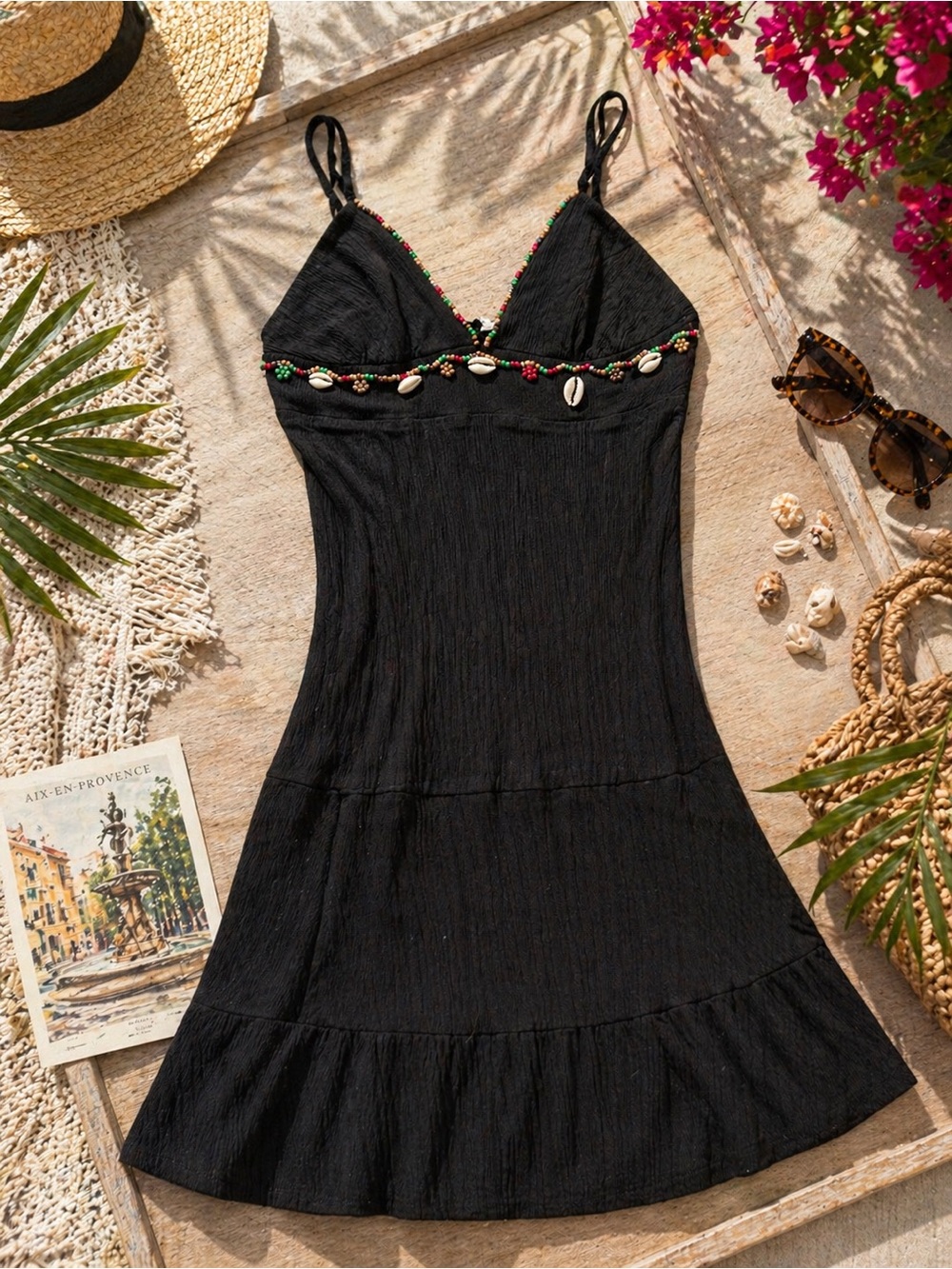 Black Beach Slip Dress with Beaded Trim and Shells